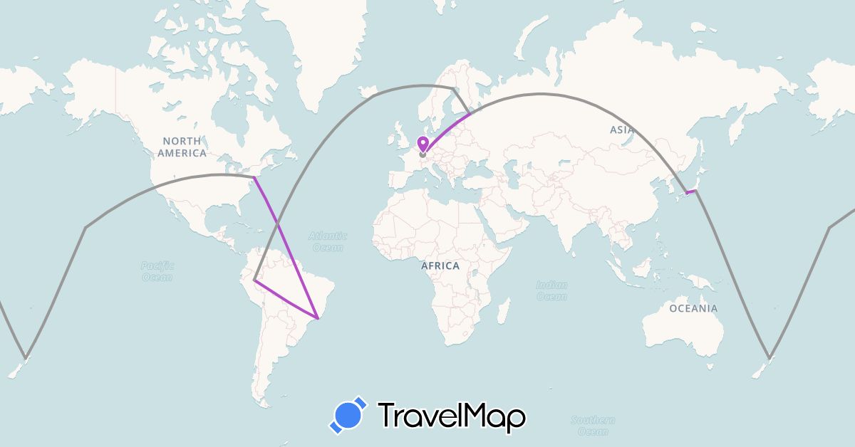 TravelMap itinerary: driving, plane, train in France, Iceland, Japan, New Zealand, Russia, Sweden, United States (Asia, Europe, North America, Oceania)